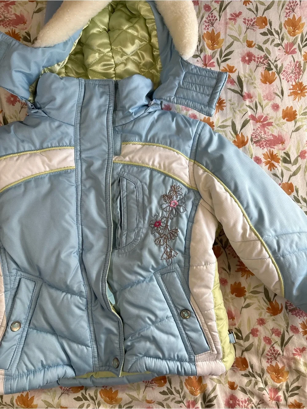 Protection System 2T Winter Coat Blue Green and White Pastel Hooded Embroidered